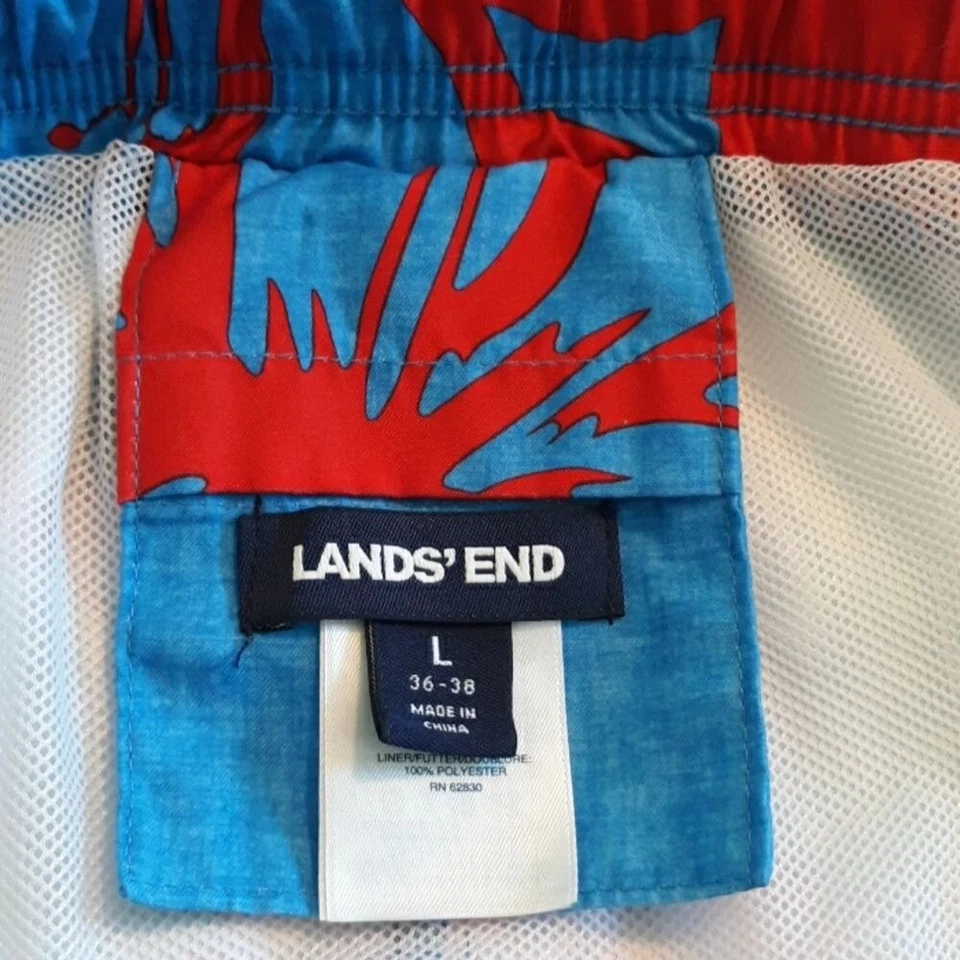 Lands End Men Floral Swim Trunks Blue Red Elastic Drawstring Waist Pockets Large - Image 3 of 4