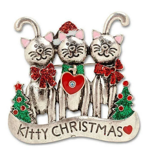 Kitty Christmas Friends 3 Cats Kittens Silver Tone Brooch Pin Holiday NEW w Box