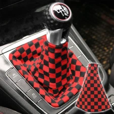 Universal Checkered Red Black Fabric Gear Manual Shifter Shift Knob Boot Cover
