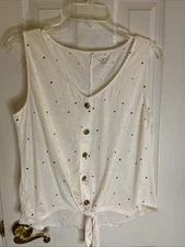 LOFT Size M Top  Button Up Tie-Front Women's Blouse White W/ Multicolor Dots