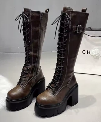 Bottines Rangers Marron Femme Hautes Plateforme Gothique Punk - Lacets Zippées - Photo 1/3
