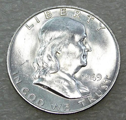 1949 D Franklin Half Dollar BU 95% FBL Frosty White Luster in saflip #P341