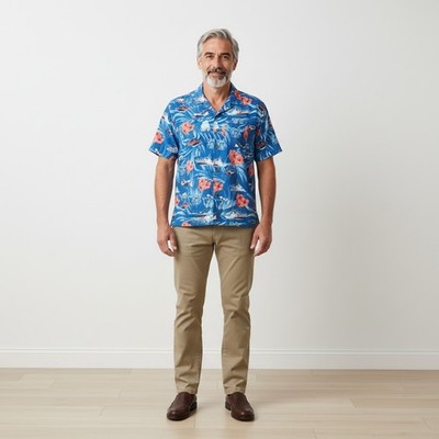 U.S. Coast Guard Shirt Men XL Blue Hawaiian Short Sleeve Button Up Floral & Ship