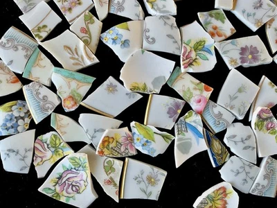 Broken China Mosaic Tiles Multicolored Pastel Florals Blue Trim 90+ Pieces SetN - Image 1 of 4