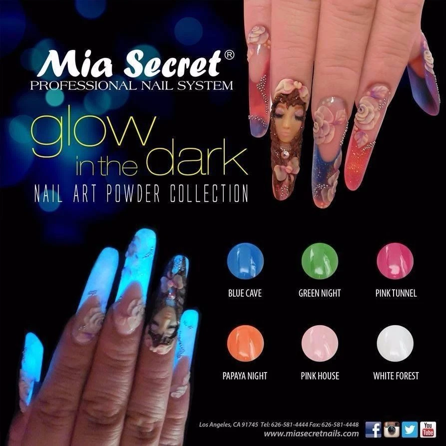 MIA SECRET NAIL ART GLOW IN THE DARK ACRYLIC POWDER 6 COLORS -MADE IN USA