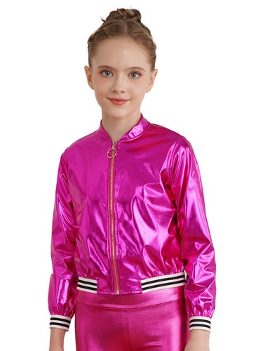 Kids 3 Piece Dance Outfits Glitter Metallic Bomber Jacket with Pants Set Hip Hop - Picture 29 of 61