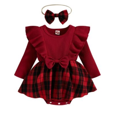 Neu Baby Mädchen rot kariertes Weihnachtskleid mit Stirnband Party Outfits Kinderkleidung