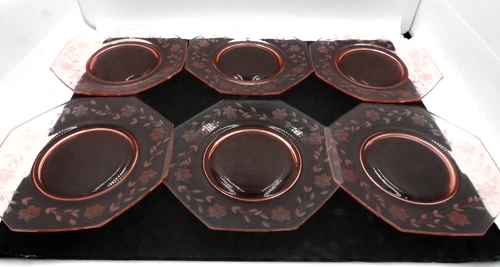 6 Vintage Pink Depression Glass Plates, Etched Floral Design, 7.5"