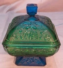 Vintage Jeanette Glass Blue Green Covered Candy Dish Bowl Acorns -Preowned