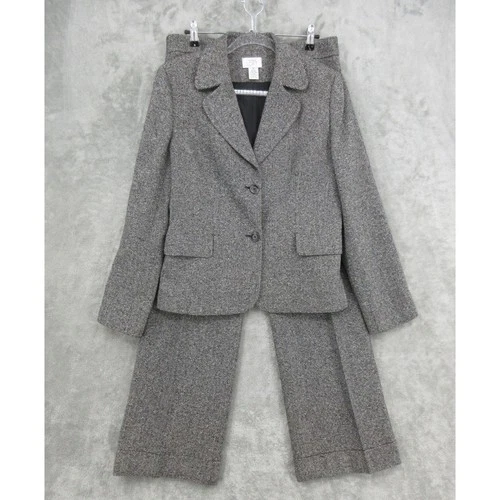 Vintage Loft Pant Suit Women 10 Silk Wool Herringbone Blazer Trousers Wide Leg