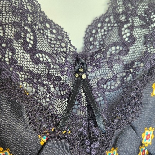 Linea Donatella Black Floral Satin Slip Dress M Lace Lingeriecore Y2K Romantic - Picture 3 of 18
