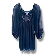 Studio M Y2K Embellished Mini Dress Womens S Sequins Long Balloon Sleeve Black