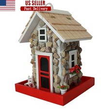 Charming Stone Cottage Bird Feeder Outdoor Hanging Garden Decor Easy Install New