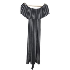 ICHI Marrakech Striped Off Shoulder Dress XS UK 8 Blue White Bardot Boho Viscose