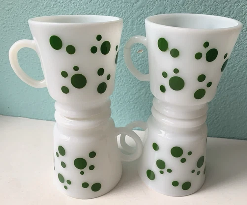 4 - Hazel-Atlas Mugs - Green Polka Dot - Milk Glass - Vintage 1950's