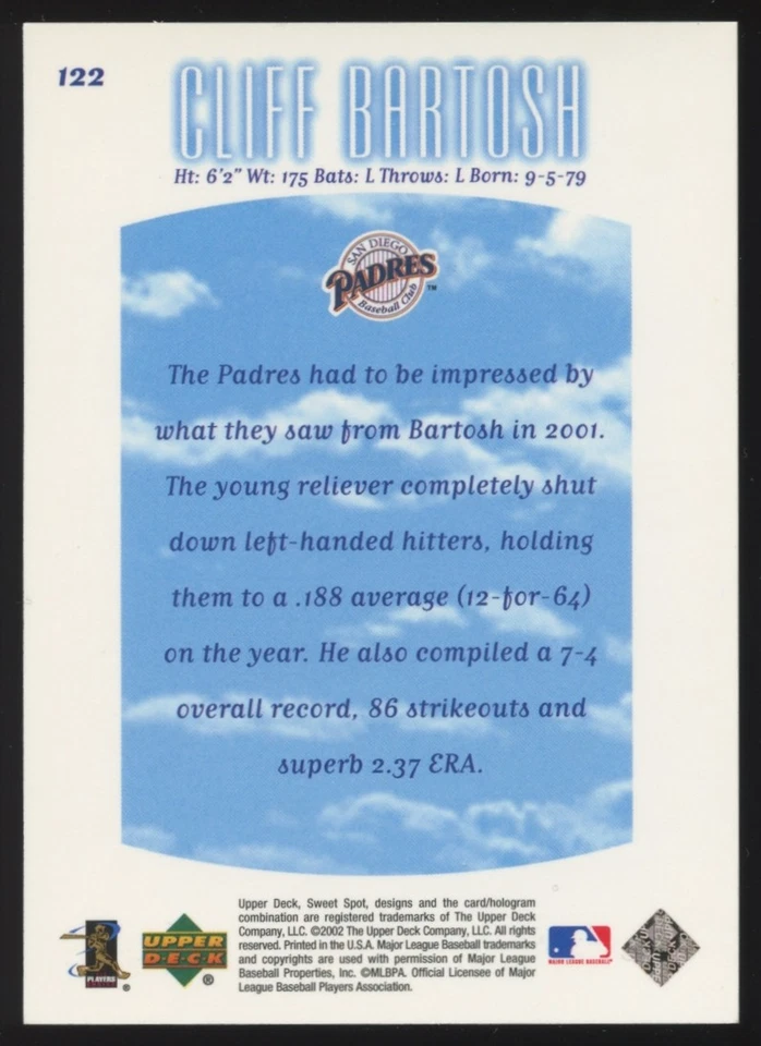 2002 Upper Deck Sweet Spot #122 Cliff Bartosh San Diego Padres /1300 - Image 2 of 2