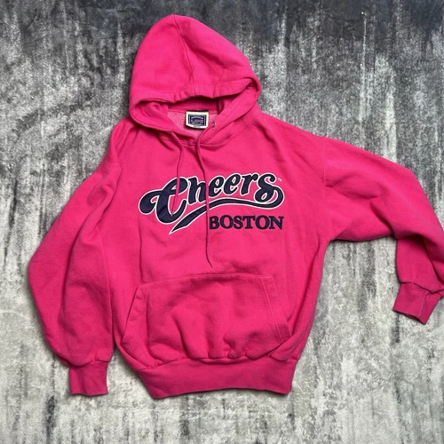 VETEMENTS Felpa con cappuccio vintage Cheers Boston ricamata anni 90 autentica abbigliamento vita taglia small rosa