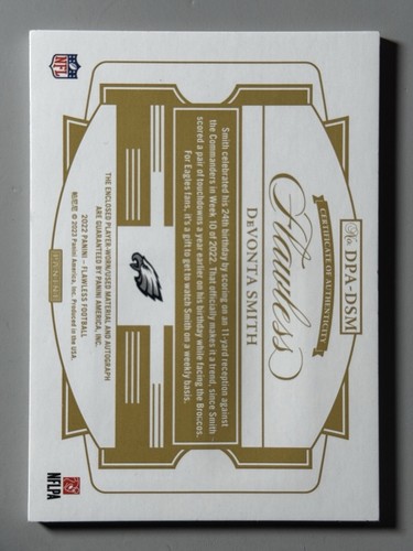 DeVonta Smith Auto 2022 Panini Flawless Dual Patch Gold /25 Player Worn Eagles - Photo 2 sur 3