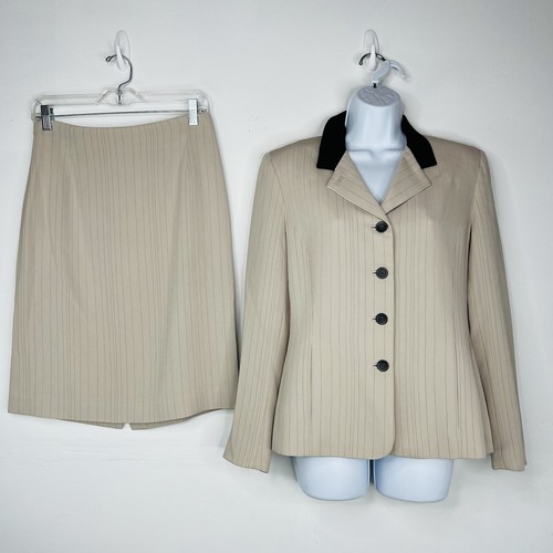 GARFIELD & MARKS Polyester Skirt Suit 6 Beige Striped Texture Lined Business 2PC - Picture 2 of 9