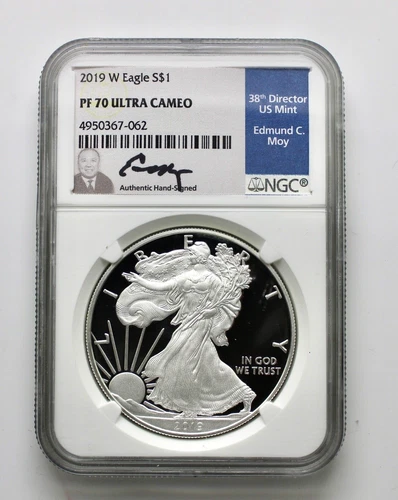 2019 W PROOF SILVER EAGLE NGC PF70 ULTRA CAMEO EDMUND MOY HAND SIGNED BLUE LABEL