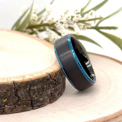8mm Black & Blue Tungsten Band Matt Finish Beveled Edges Christmas Gifts Ring