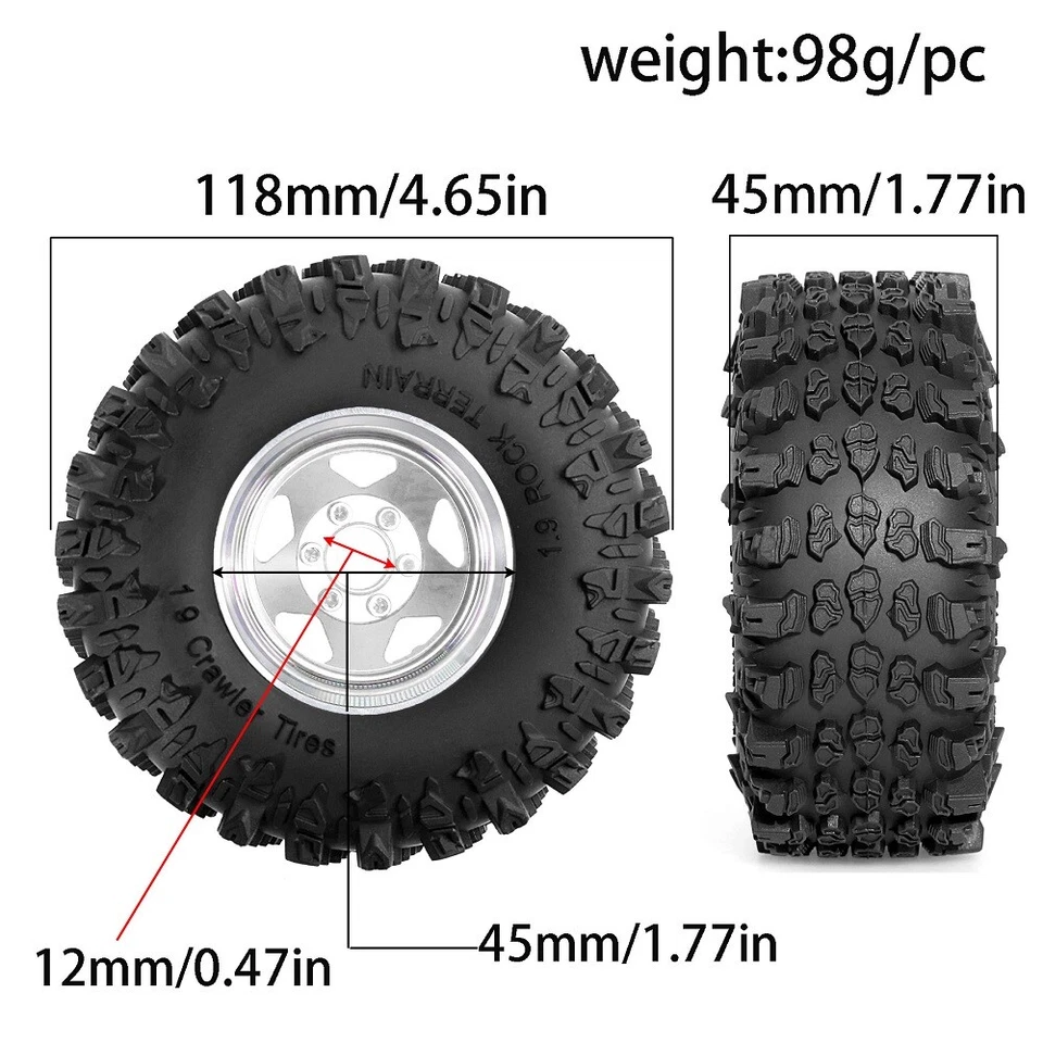 4PCS 118mm 1.9" Tires & 12mm Hex Wheels Rim Set for 1/10 RC Rock Crawler SCX10 - Image 3 of 4