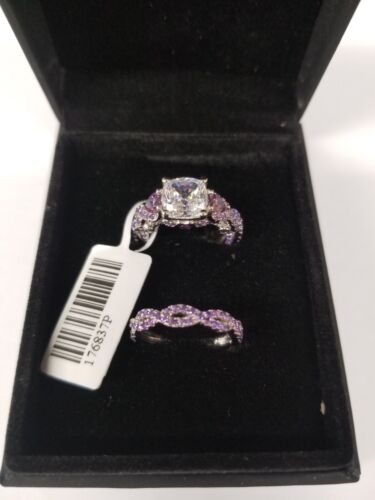 Joancee Cushion Cut Amethyst Sterling Silver 2 Pieces Bridal Set sz 5.25 - Picture 1 of 8