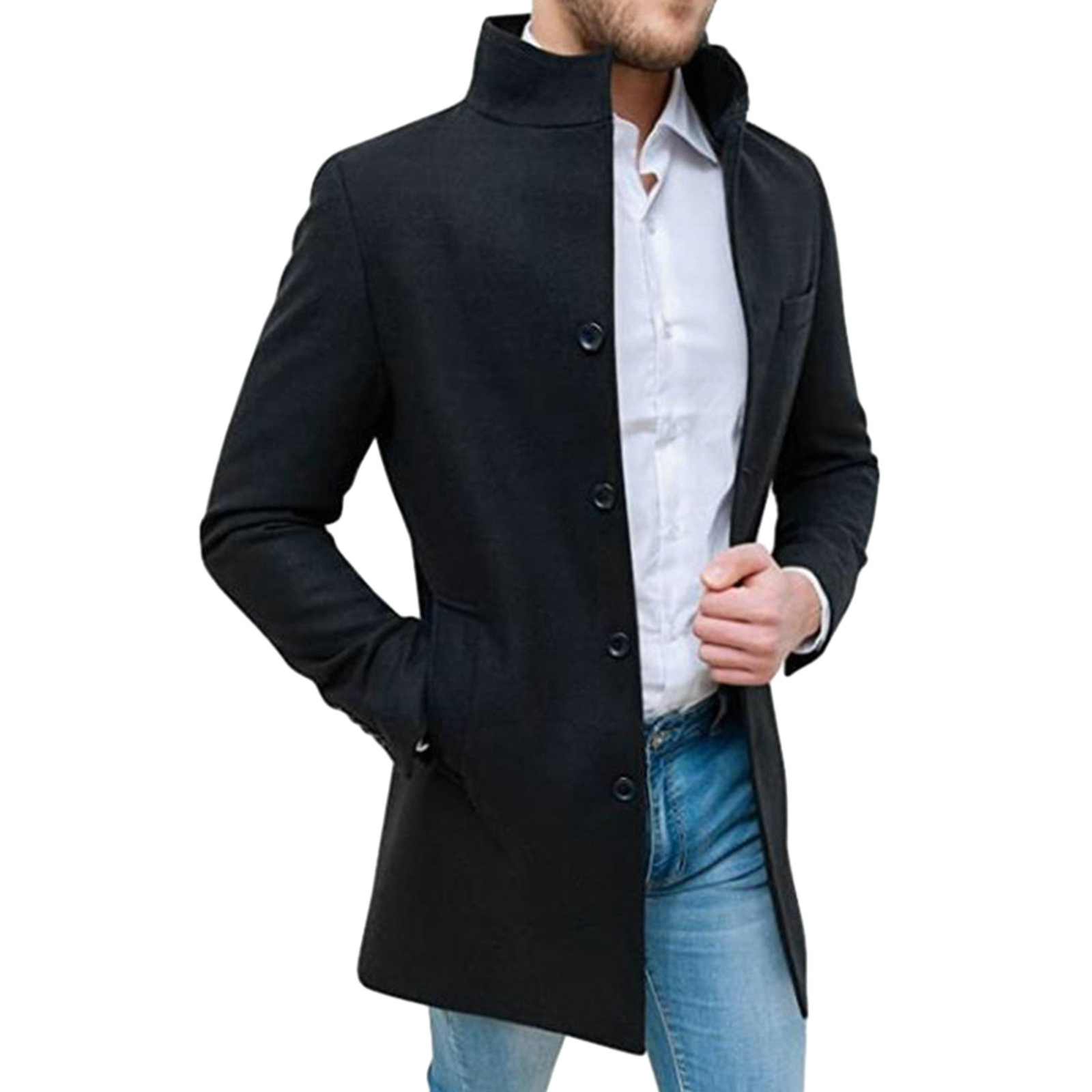 Thighlength Coat Thick Men Trench Men's Stand Collar with Single