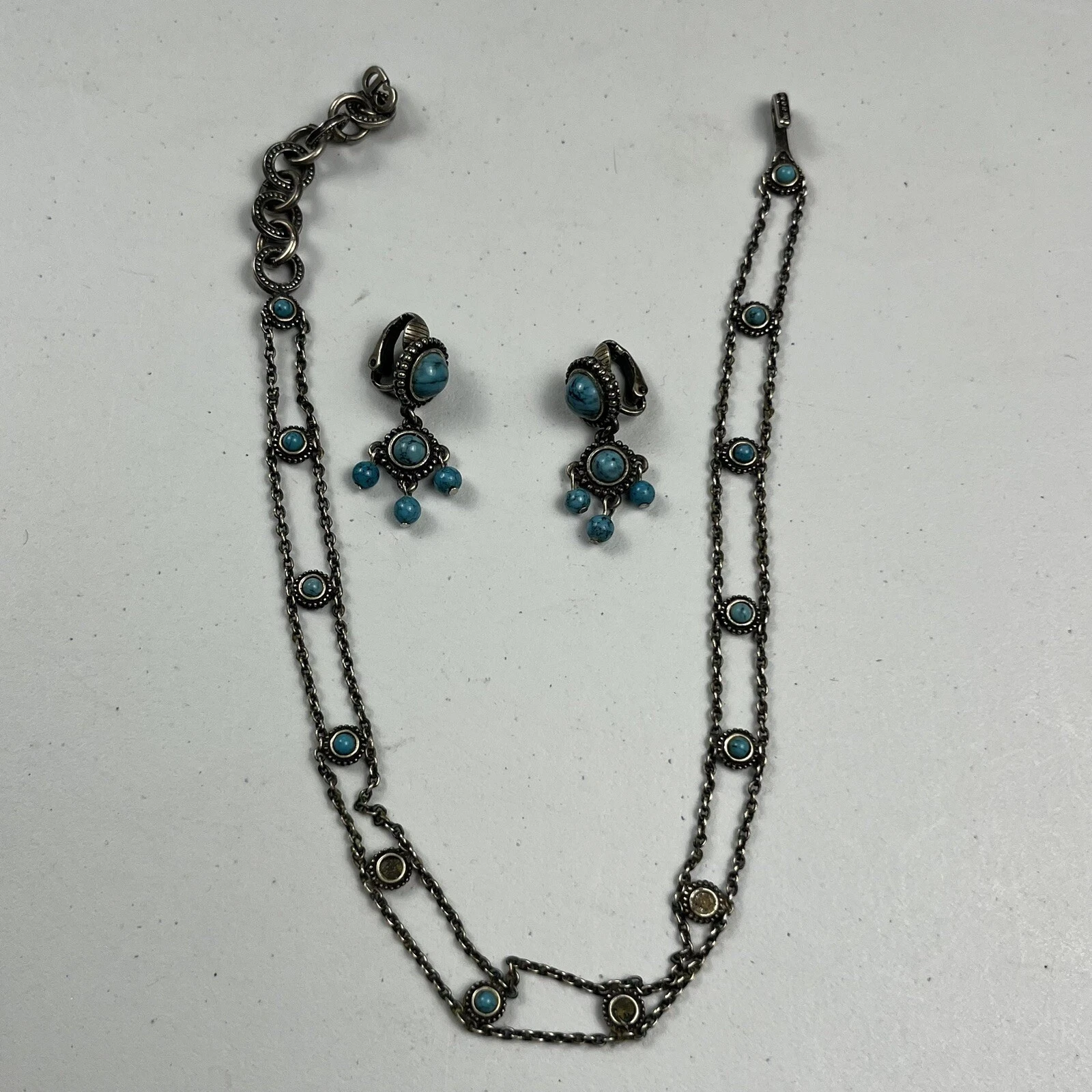 Boucles d'oreilles et collier vintage années 1950 Christian Dior turquoise argent clip