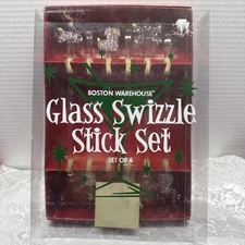 VTG Boston Warehouse Glass Clear Gold Swizzle Stick Set Christmas Holiday Boxed