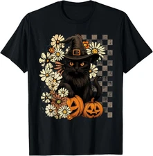 Retro Black Cat Pumpkin Halloween Costume Fall Autumn Season T-Shirt