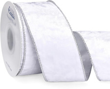 White Velvet Wired Ribbon 2.5 Inch Metallic White Silver Crushed Velvet Christma