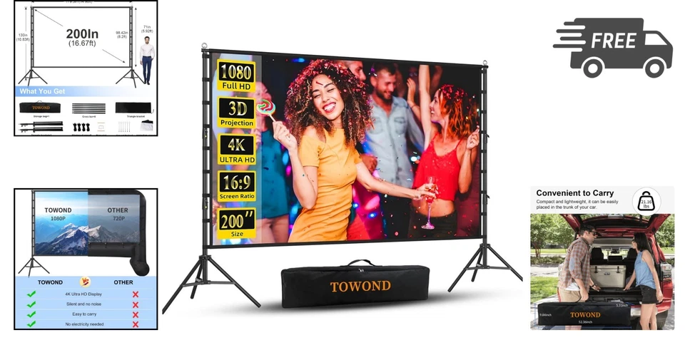 Outdoor Projector Screen with Stand 200 Inch Portable 4K HD Dual-Sided - Image 2 of 4