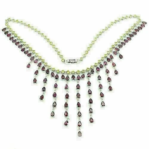 Silver Necklace Rhodolite Peridot Genuine Natural Gems Solid Sterling 18 1/2 In - Image 2 of 4