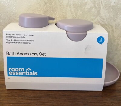 Room Essentials Lavender Bath Accessory Set 3 Piece Soap Tray Pump Canister- New