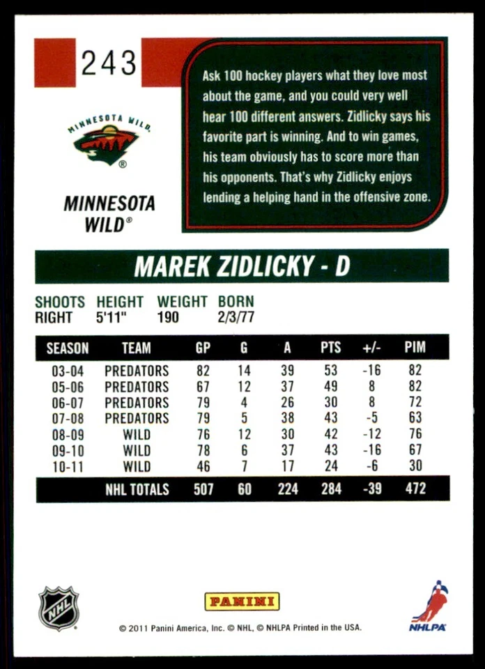 2011-12 Score Marek Zidlicky #243 - Image 2 of 2