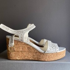 Auth Salvatore Ferragamo White Gold Leather Heels Sandals Espadrilles Womens