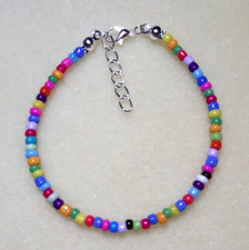 MULTICOLOURED RAINBOW OPAQUE HANDMADE SEED BEAD BRACELET 7" + EXT - B035
