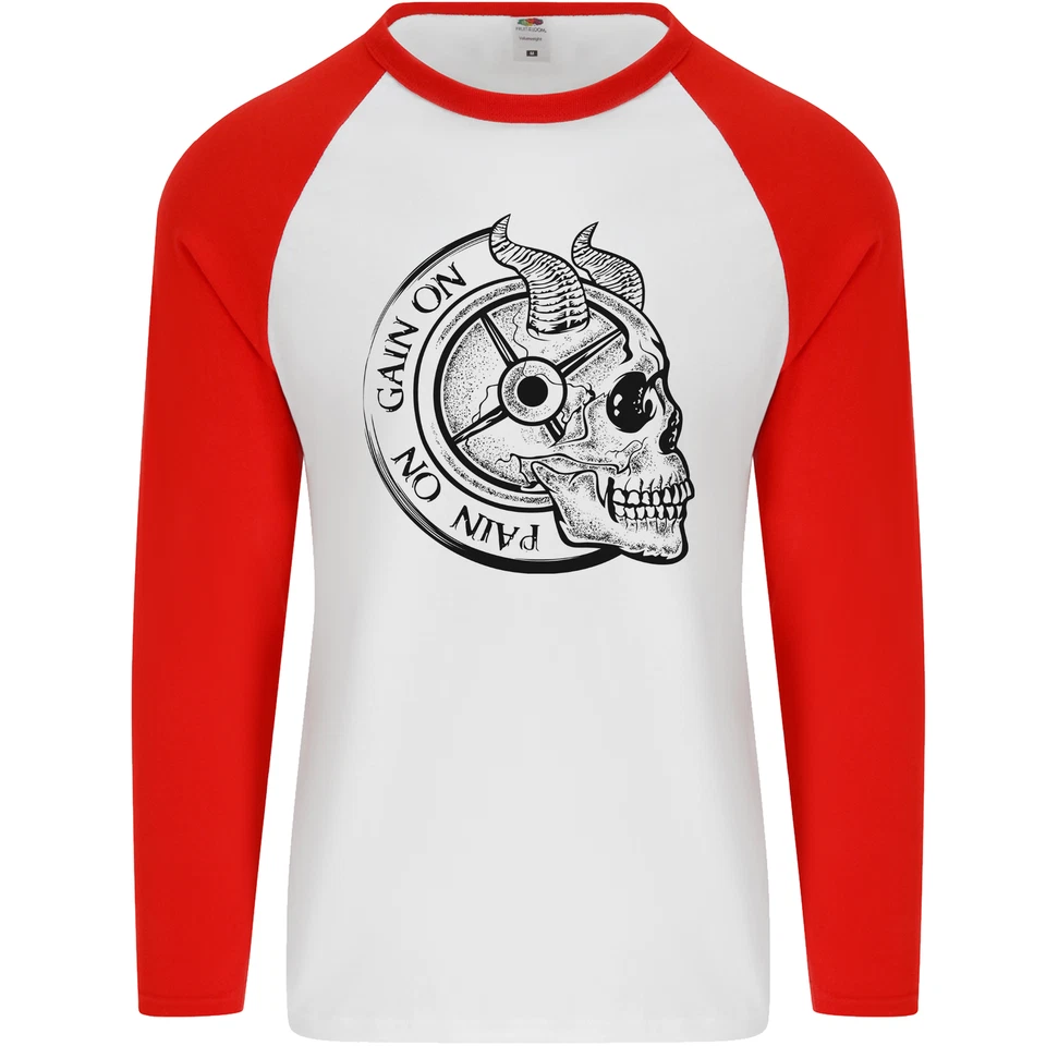 No Pain No Gain Teufel Schädel Gym Training Herren L/S Baseball Maglietta - Bild 4 von 4