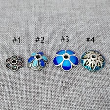 2 Sterling Silver Lotus Flower Bead Caps Enameled Daisy Spacer w/ CZ