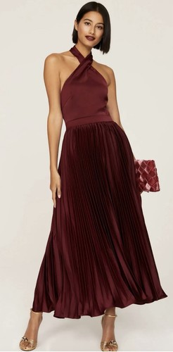 Elle Zeitoune Jayee Halter Gown Dress Burgundy Pleated Satin - Picture 2 of 12