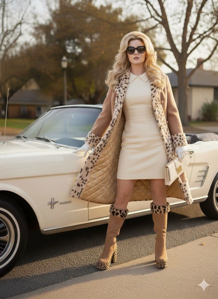 Chic Vintage Glamour: 1960s Camel Coat with Faux Leopard Fur Trim, S/M - Image 2 of 4