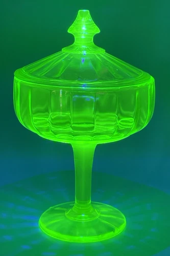 Vintage Uranium Glass Covered Compote Candy Dish Green Depression Pedestal Glow