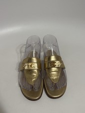 Vtg Chanel 90s Gold Leather CC Turn Lock Sandals 35