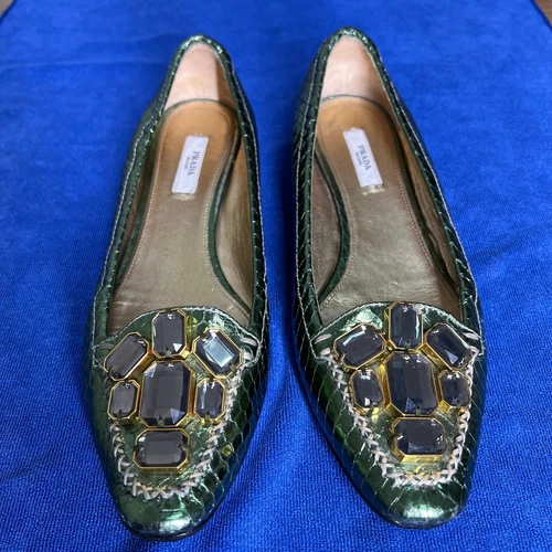 Ballerine Prada verde metallizzato serpente in rilievo gioielli strass 38 5 vintage