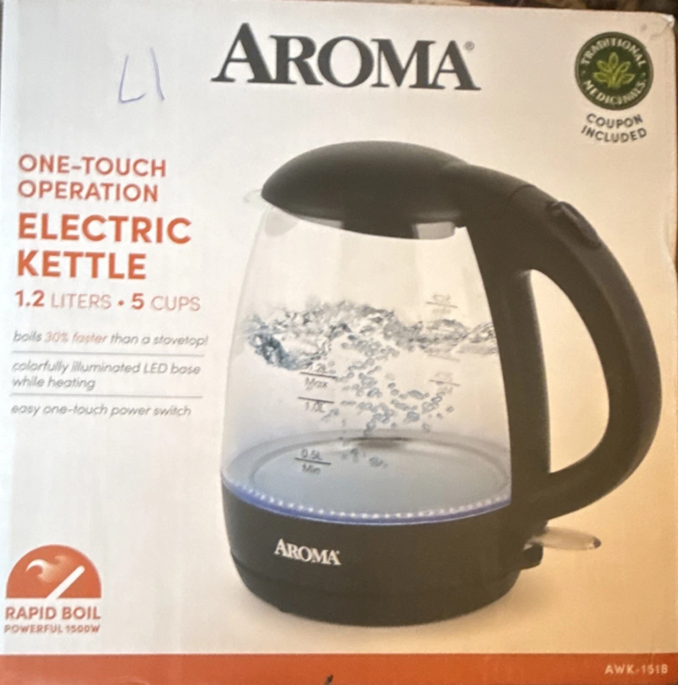 Aroma AWK-151B Electric Kettle 1.2L Glass BPA Free LED Base Rapid Boil 1500W