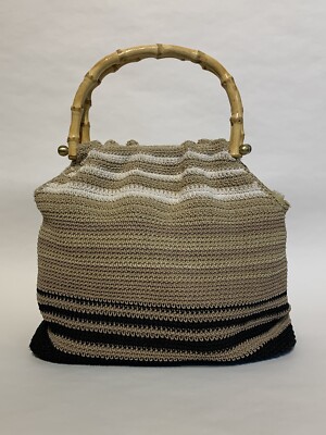 Vintage 1990er beige schwarz & weiß gewebte Baumwollmischung Handtasche künstliche Bambusgriffe