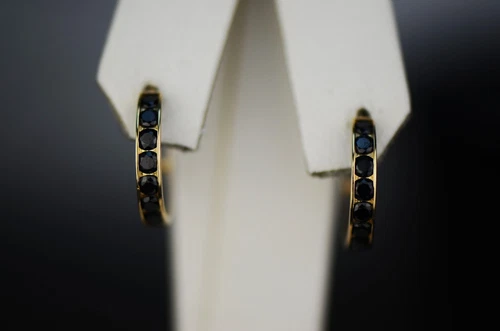 14k Yellow and White Gold Black Huggie Hoop Earrings - Picture 1 of 1
