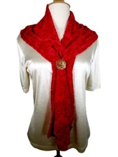 Cejon Scarf Rayon Silk Red Velvet Flowers On Mesh 56 x 9 3/4 Inches