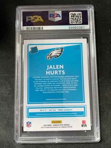 2020 Donruss Optic Jalen Hurts Rated Rookie RC #164 PSA 10 GEM MT 🏈📈🔥 EAGLES - Picture 2 of 2